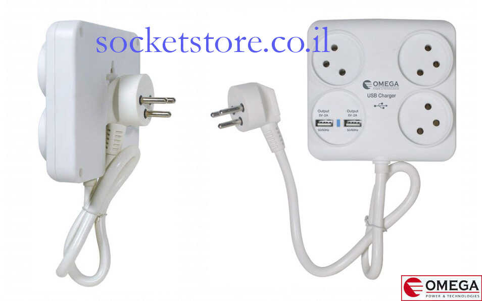 מפצל מרובע  3 שקעים + שקע USB כפול וכבל חשמל OMEGA